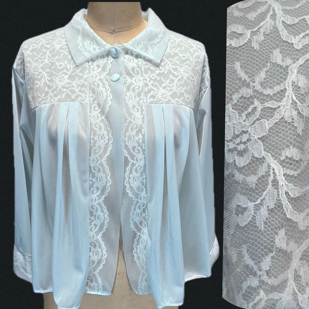 VINTAGE mid century nylon bed jacket bedroom coat pastel lace rounded collar 60s